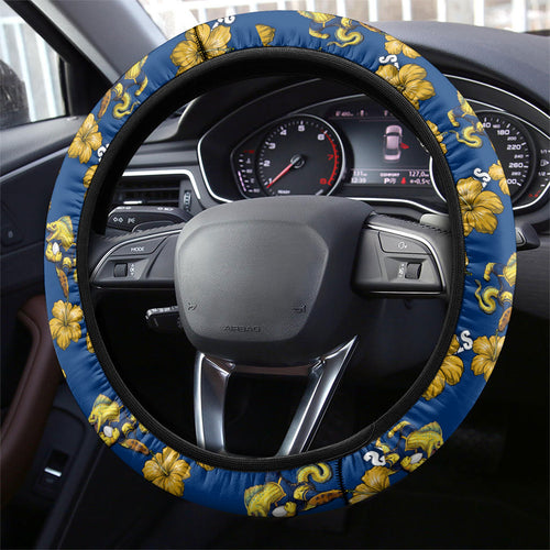 Parramatta Eels Steering Wheel Cover Tropical Hibiscus Floral Seamless Rugby Mascot