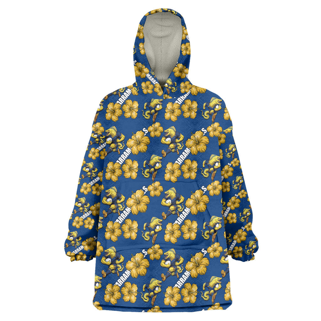 Parramatta Eels Wearable Blanket Hoodie Tropical Hibiscus Floral Seamless Rugby Mascot