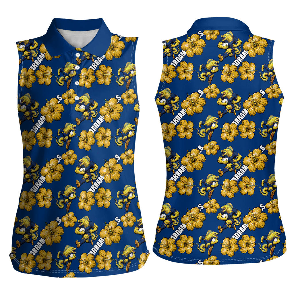 Parramatta Eels Women Sleeveless Polo Shirt Tropical Hibiscus Floral Seamless Rugby Mascot