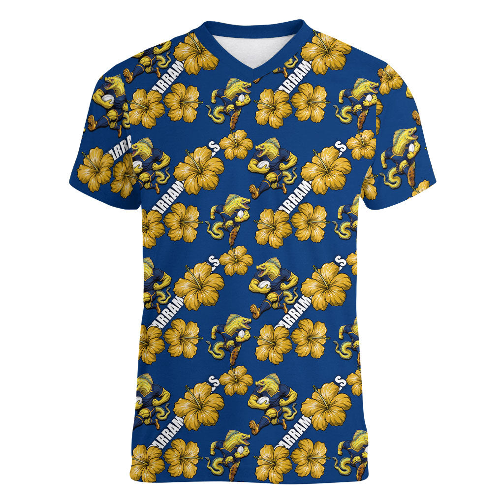 Parramatta Eels Women V-Neck T-Shirt Tropical Hibiscus Floral Seamless Rugby Mascot