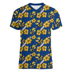 Parramatta Eels Women V-Neck T-Shirt Tropical Hibiscus Floral Seamless Rugby Mascot