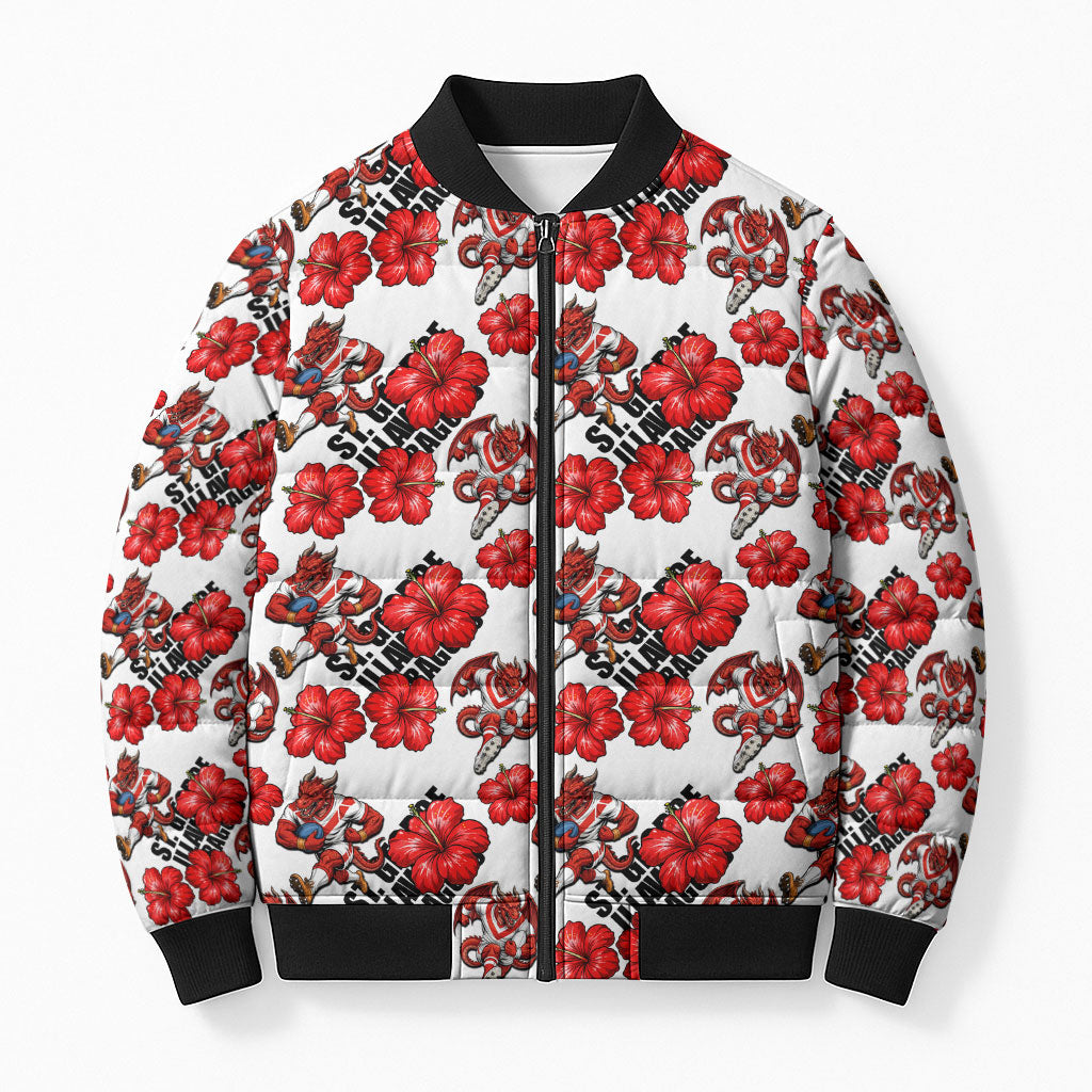 St. George Illawarra Dragons Bomber Puffer Jacket Tropical Hibiscus Floral Seamless Rugby Mascot