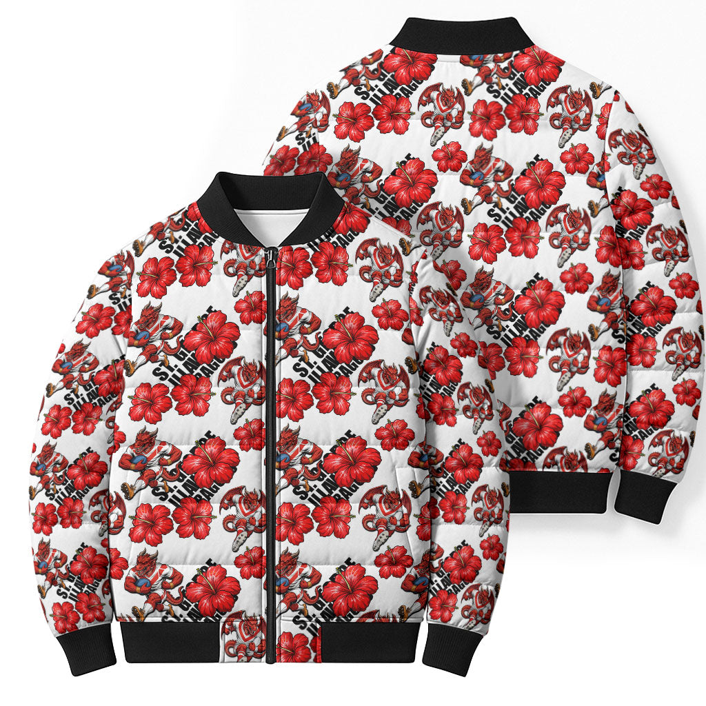 St. George Illawarra Dragons Bomber Puffer Jacket Tropical Hibiscus Floral Seamless Rugby Mascot