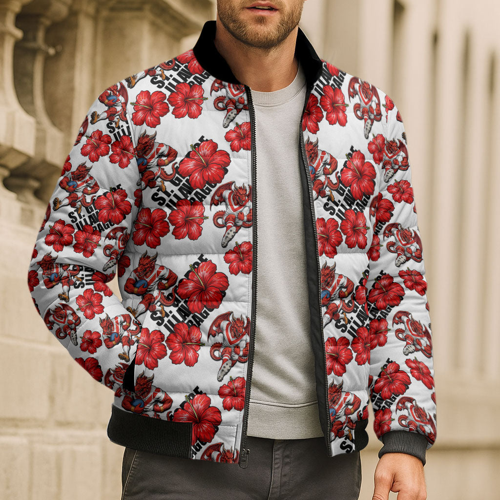 St. George Illawarra Dragons Bomber Puffer Jacket Tropical Hibiscus Floral Seamless Rugby Mascot