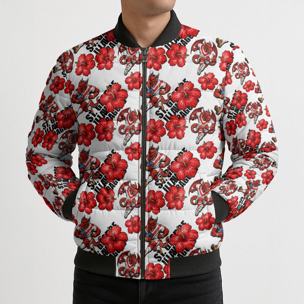 St. George Illawarra Dragons Bomber Puffer Jacket Tropical Hibiscus Floral Seamless Rugby Mascot