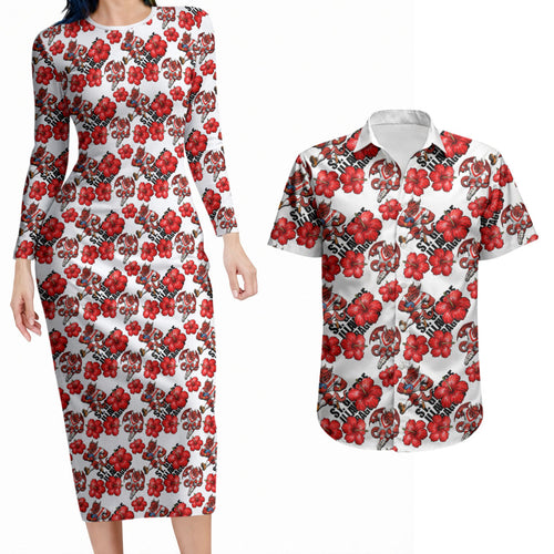 St. George Illawarra Dragons Couples Matching Long Sleeve Bodycon Dress and Hawaiian Shirt Tropical Hibiscus Floral Seamless Rugby Mascot