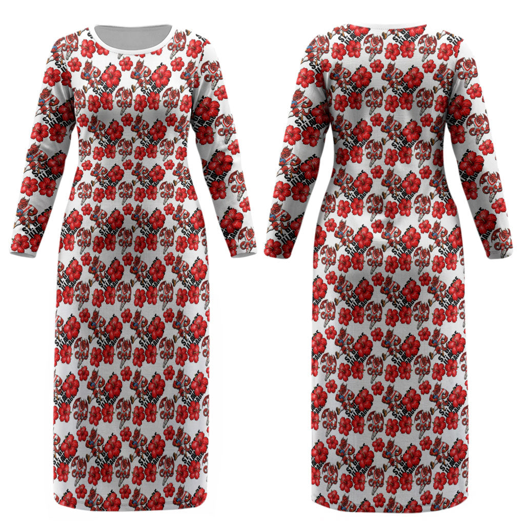 St. George Illawarra Dragons Couples Matching Long Sleeve Bodycon Dress and Hawaiian Shirt Tropical Hibiscus Floral Seamless Rugby Mascot