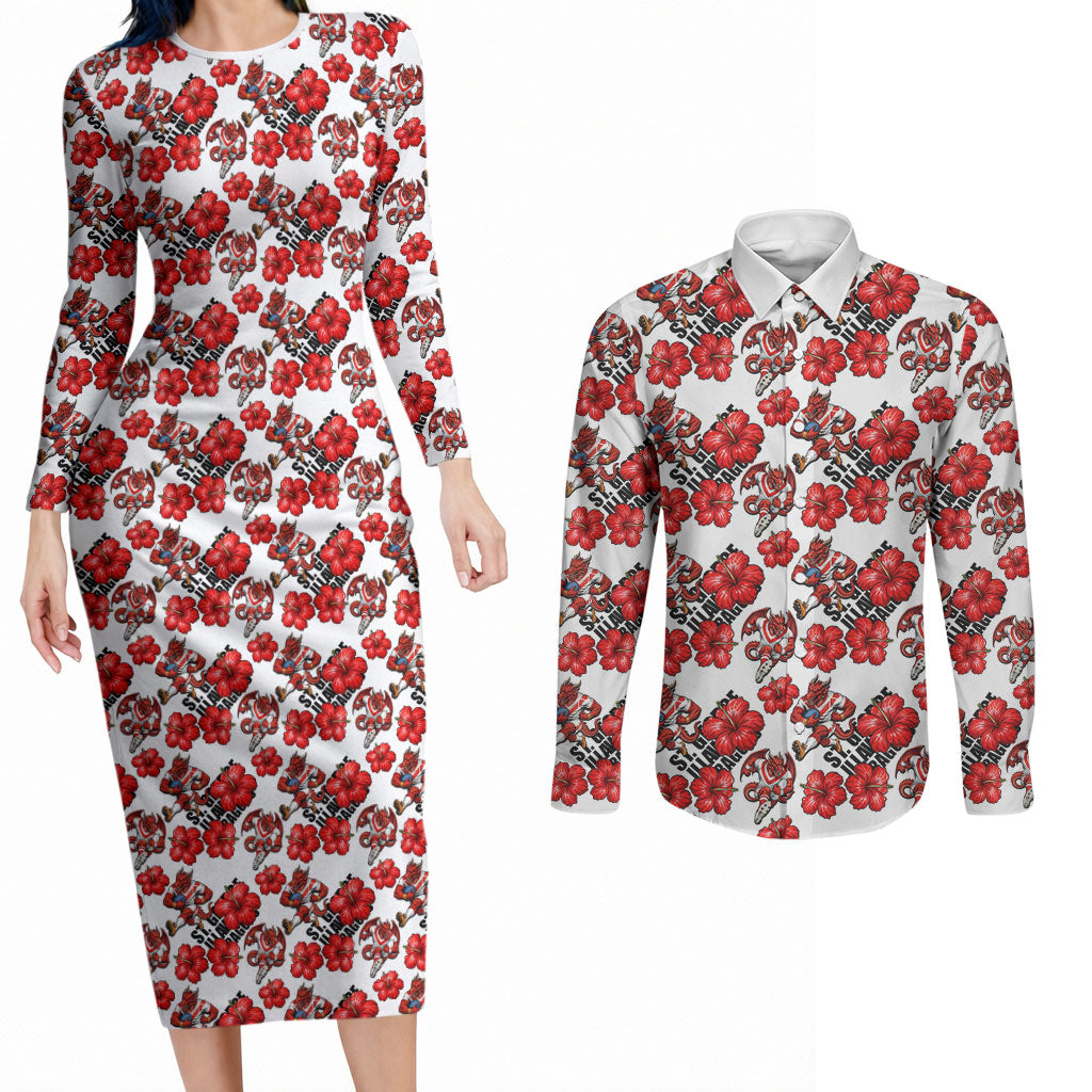St. George Illawarra Dragons Couples Matching Long Sleeve Bodycon Dress and Long Sleeve Button Shirt Tropical Hibiscus Floral Seamless Rugby Mascot