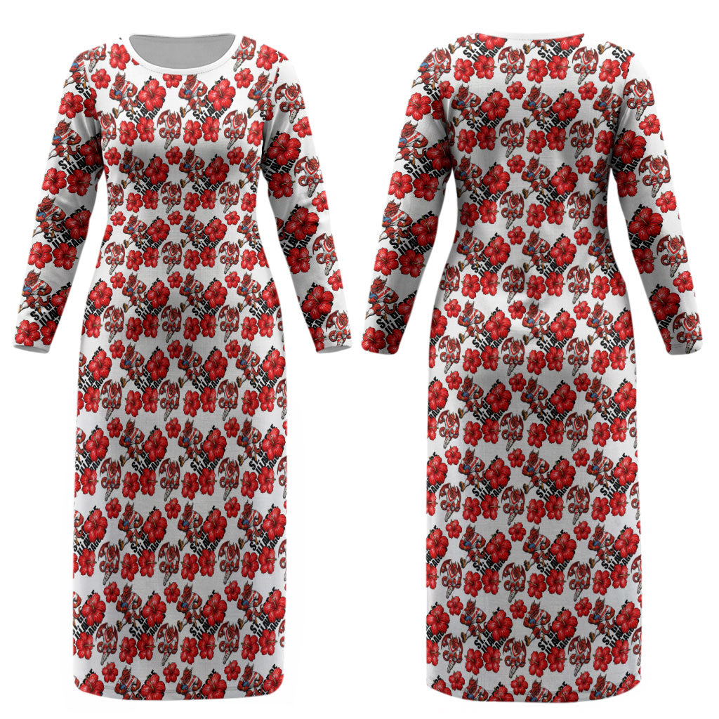 St. George Illawarra Dragons Couples Matching Long Sleeve Bodycon Dress and Long Sleeve Button Shirt Tropical Hibiscus Floral Seamless Rugby Mascot