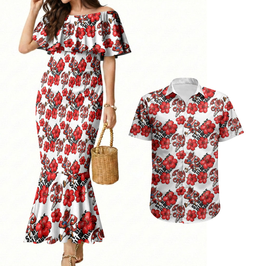 St. George Illawarra Dragons Couples Matching Mermaid Dress and Hawaiian Shirt Tropical Hibiscus Floral Seamless Rugby Mascot