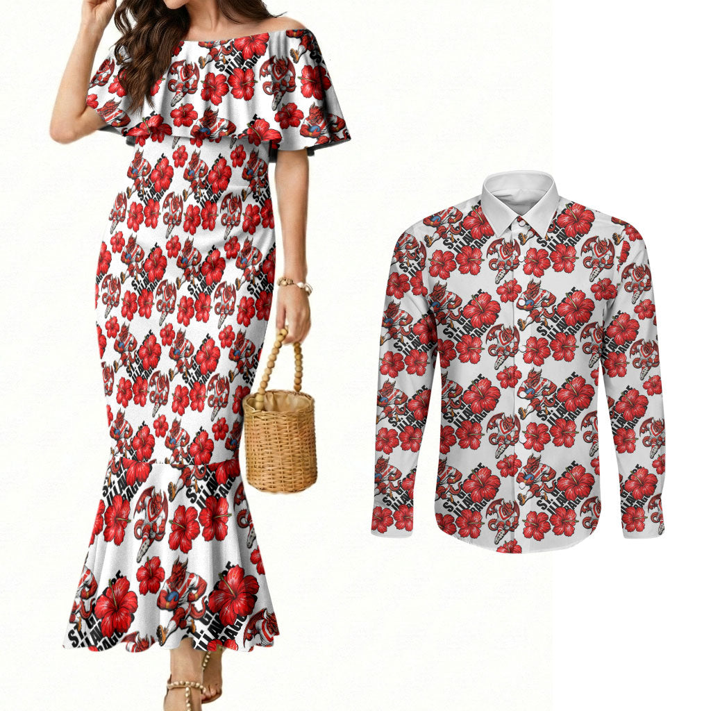 St. George Illawarra Dragons Couples Matching Mermaid Dress and Long Sleeve Button Shirt Tropical Hibiscus Floral Seamless Rugby Mascot