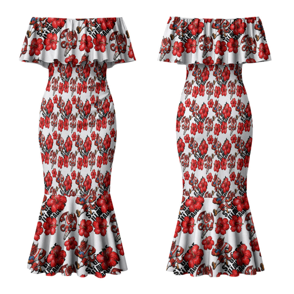 St. George Illawarra Dragons Couples Matching Mermaid Dress and Long Sleeve Button Shirt Tropical Hibiscus Floral Seamless Rugby Mascot