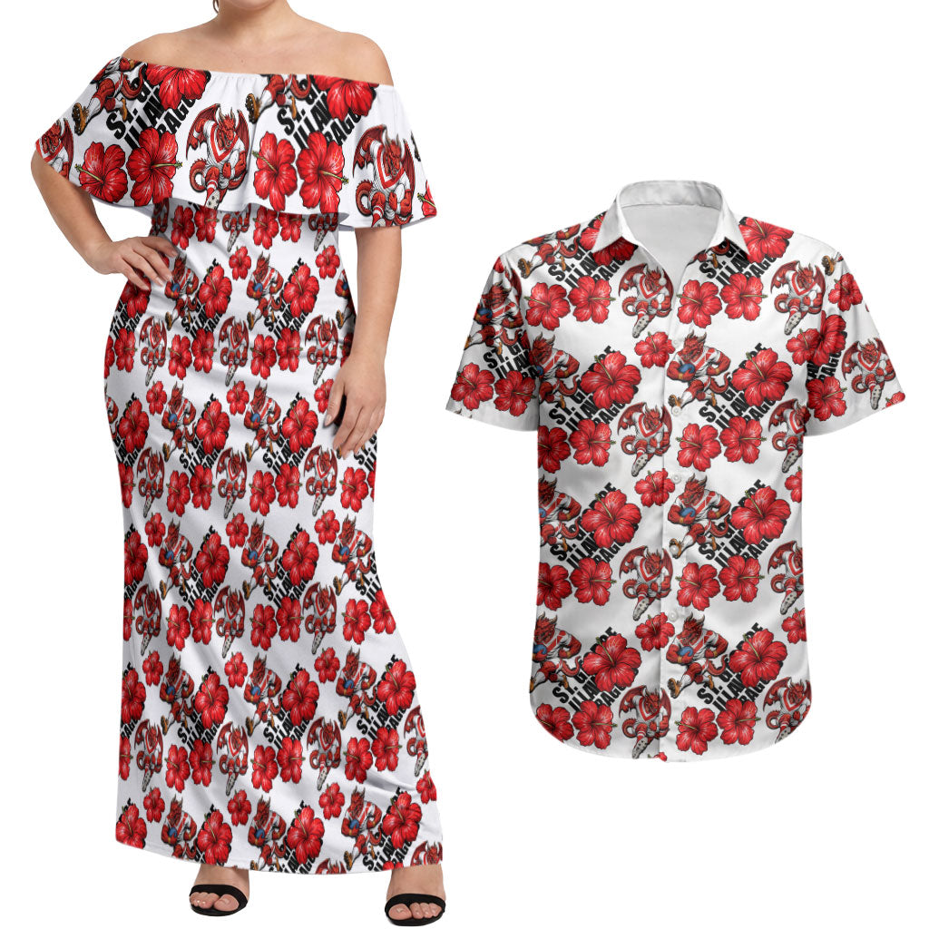 St. George Illawarra Dragons Couples Matching Off Shoulder Maxi Dress and Hawaiian Shirt Tropical Hibiscus Floral Seamless Rugby Mascot