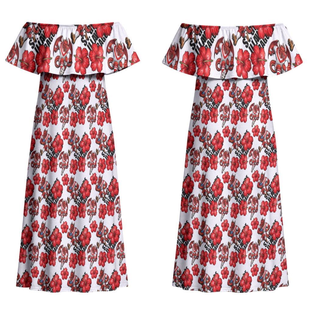 St. George Illawarra Dragons Couples Matching Off Shoulder Maxi Dress and Hawaiian Shirt Tropical Hibiscus Floral Seamless Rugby Mascot