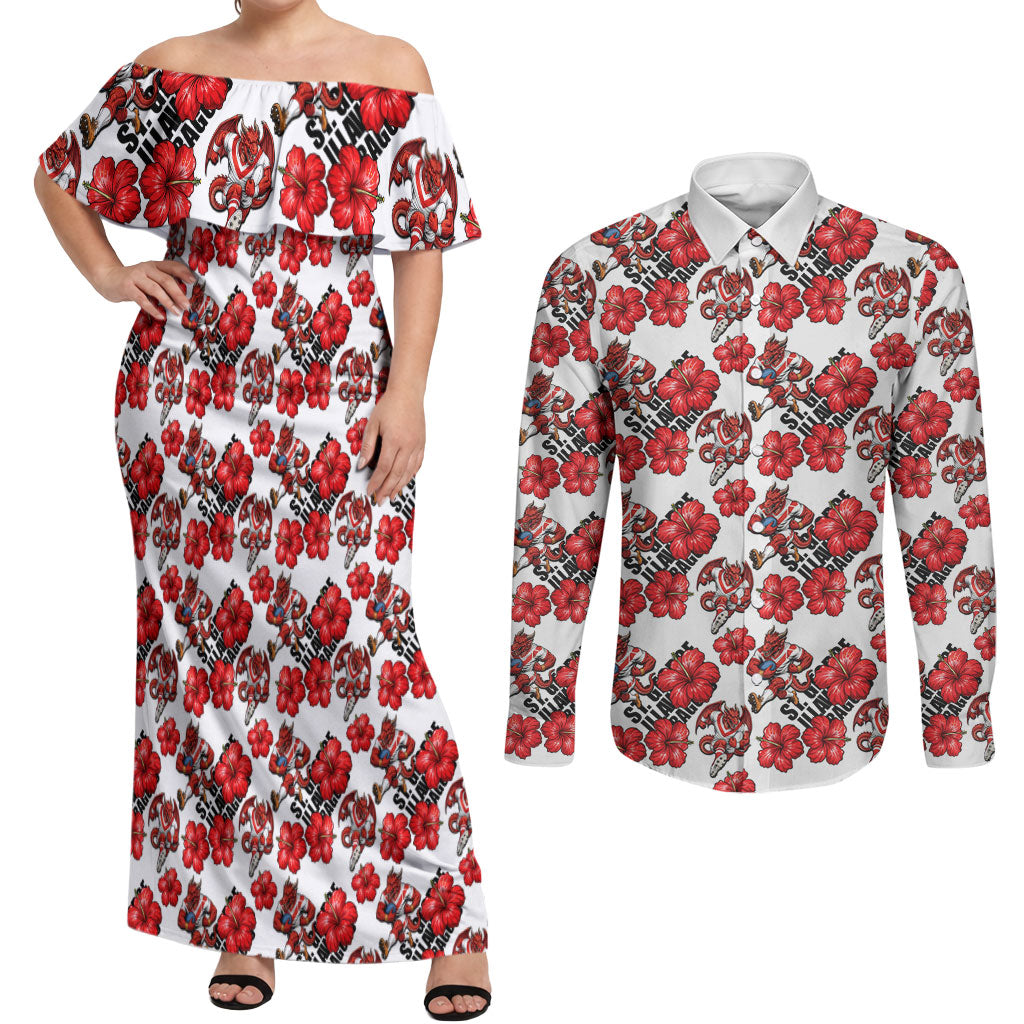 St. George Illawarra Dragons Couples Matching Off Shoulder Maxi Dress and Long Sleeve Button Shirt Tropical Hibiscus Floral Seamless Rugby Mascot