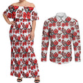 St. George Illawarra Dragons Couples Matching Off Shoulder Maxi Dress and Long Sleeve Button Shirt Tropical Hibiscus Floral Seamless Rugby Mascot