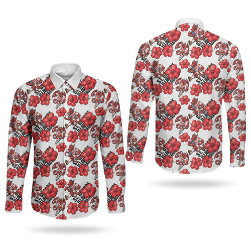 St. George Illawarra Dragons Couples Matching Off Shoulder Maxi Dress and Long Sleeve Button Shirt Tropical Hibiscus Floral Seamless Rugby Mascot
