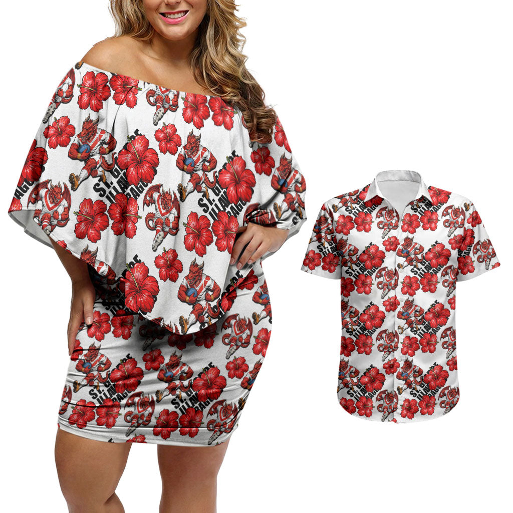 St. George Illawarra Dragons Couples Matching Off Shoulder Short Dress and Hawaiian Shirt Tropical Hibiscus Floral Seamless Rugby Mascot
