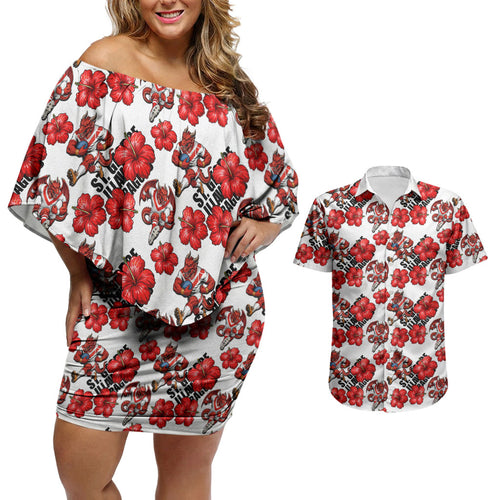 St. George Illawarra Dragons Couples Matching Off Shoulder Short Dress and Hawaiian Shirt Tropical Hibiscus Floral Seamless Rugby Mascot