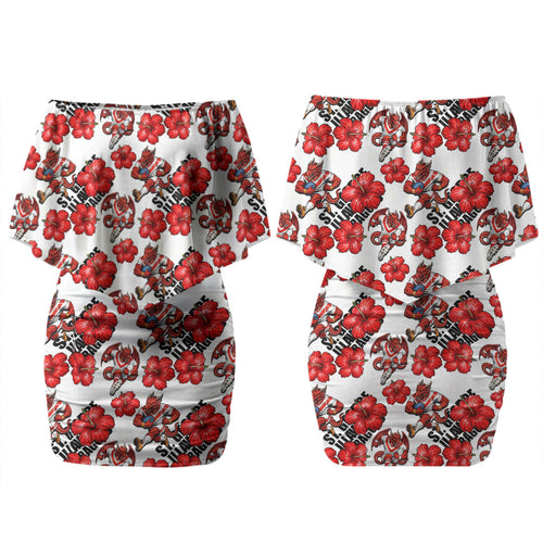 St. George Illawarra Dragons Couples Matching Off Shoulder Short Dress and Hawaiian Shirt Tropical Hibiscus Floral Seamless Rugby Mascot