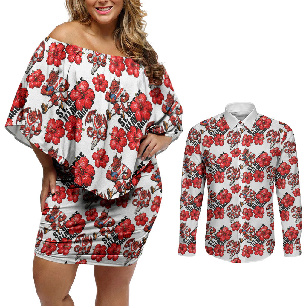 St. George Illawarra Dragons Couples Matching Off Shoulder Short Dress and Long Sleeve Button Shirt Tropical Hibiscus Floral Seamless Rugby Mascot