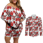 St. George Illawarra Dragons Couples Matching Off Shoulder Short Dress and Long Sleeve Button Shirt Tropical Hibiscus Floral Seamless Rugby Mascot