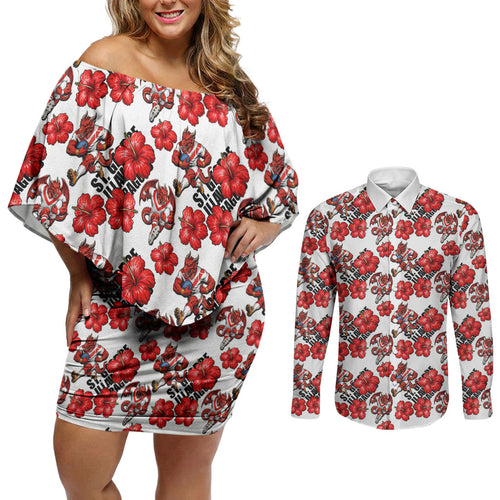 St. George Illawarra Dragons Couples Matching Off Shoulder Short Dress and Long Sleeve Button Shirt Tropical Hibiscus Floral Seamless Rugby Mascot