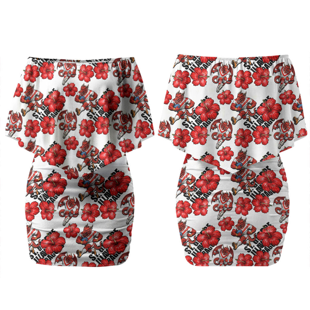 St. George Illawarra Dragons Couples Matching Off Shoulder Short Dress and Long Sleeve Button Shirt Tropical Hibiscus Floral Seamless Rugby Mascot