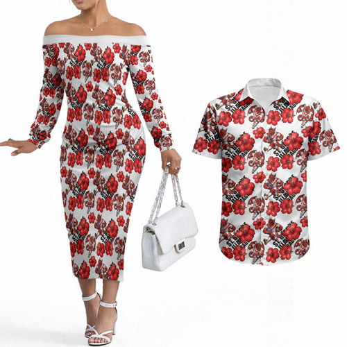 St. George Illawarra Dragons Couples Matching Off The Shoulder Long Sleeve Dress and Hawaiian Shirt Tropical Hibiscus Floral Seamless Rugby Mascot