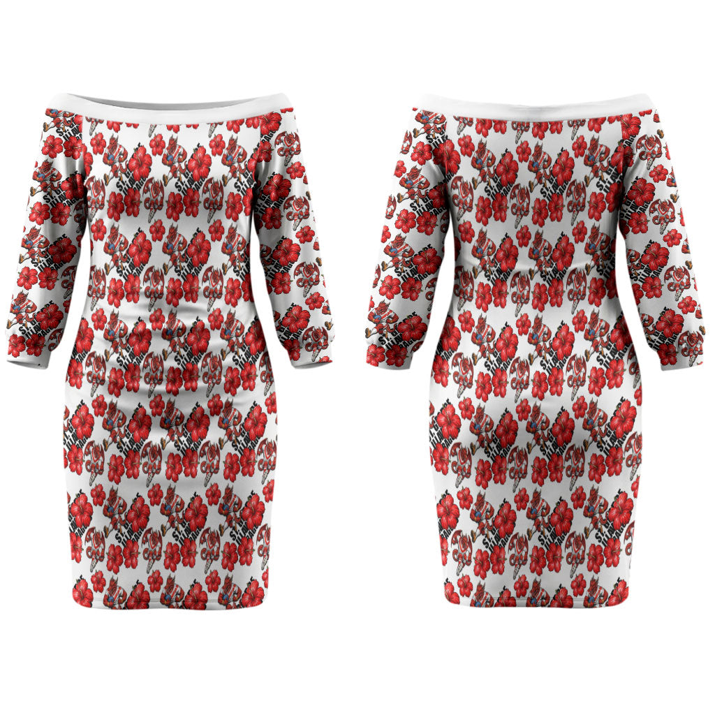 St. George Illawarra Dragons Couples Matching Off The Shoulder Long Sleeve Dress and Hawaiian Shirt Tropical Hibiscus Floral Seamless Rugby Mascot