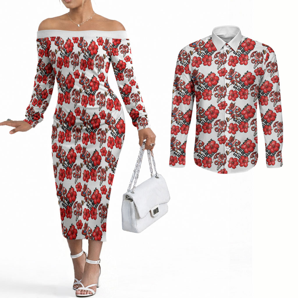St. George Illawarra Dragons Couples Matching Off The Shoulder Long Sleeve Dress and Long Sleeve Button Shirt Tropical Hibiscus Floral Seamless Rugby Mascot