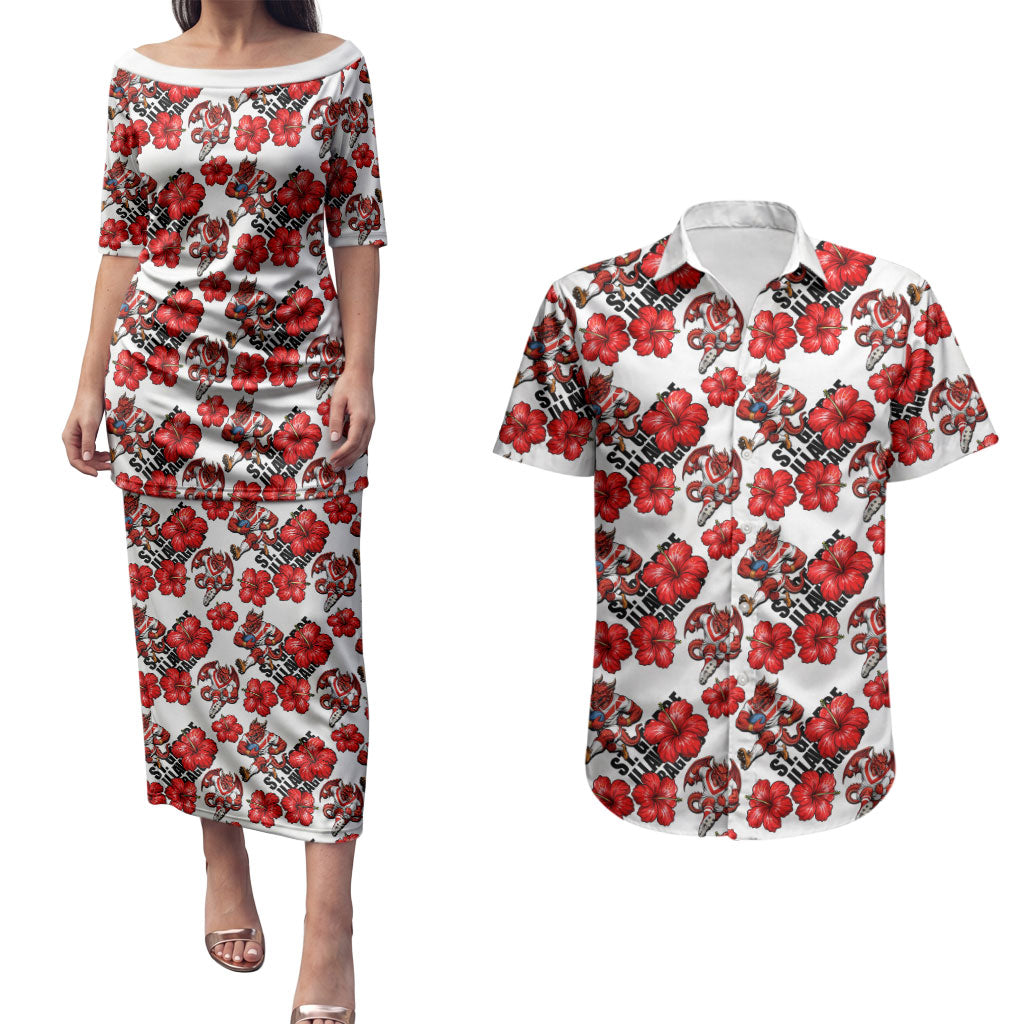 St. George Illawarra Dragons Couples Matching Puletasi and Hawaiian Shirt Tropical Hibiscus Floral Seamless Rugby Mascot