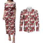 St. George Illawarra Dragons Couples Matching Puletasi and Long Sleeve Button Shirt Tropical Hibiscus Floral Seamless Rugby Mascot