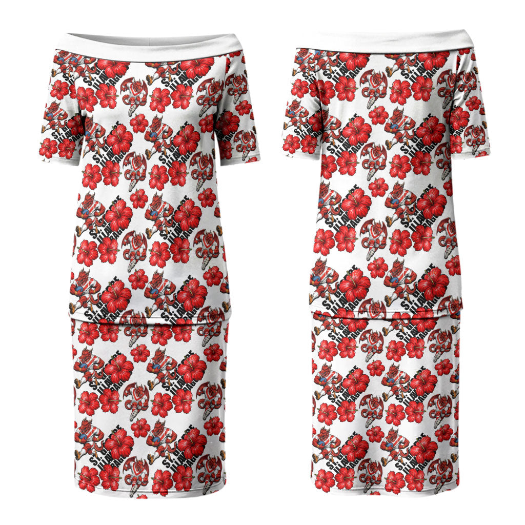 St. George Illawarra Dragons Couples Matching Puletasi and Long Sleeve Button Shirt Tropical Hibiscus Floral Seamless Rugby Mascot