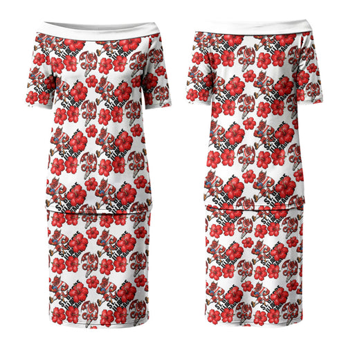 St. George Illawarra Dragons Couples Matching Puletasi and Long Sleeve Button Shirt Tropical Hibiscus Floral Seamless Rugby Mascot