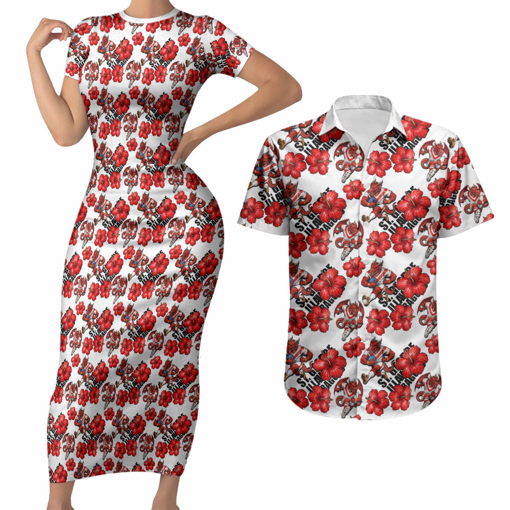 St. George Illawarra Dragons Couples Matching Short Sleeve Bodycon Dress and Hawaiian Shirt Tropical Hibiscus Floral Seamless Rugby Mascot