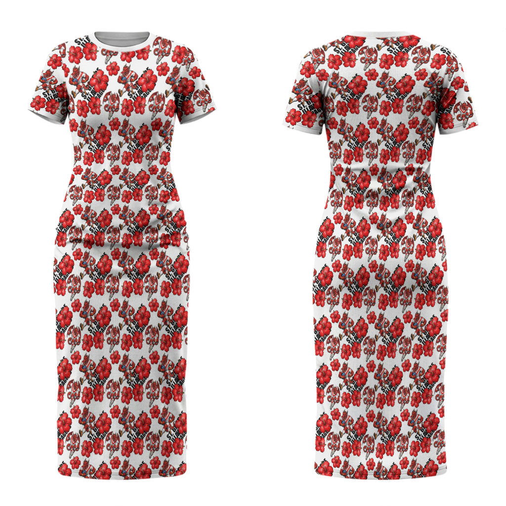 St. George Illawarra Dragons Couples Matching Short Sleeve Bodycon Dress and Hawaiian Shirt Tropical Hibiscus Floral Seamless Rugby Mascot
