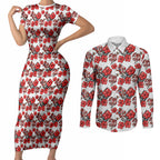 St. George Illawarra Dragons Couples Matching Short Sleeve Bodycon Dress and Long Sleeve Button Shirt Tropical Hibiscus Floral Seamless Rugby Mascot