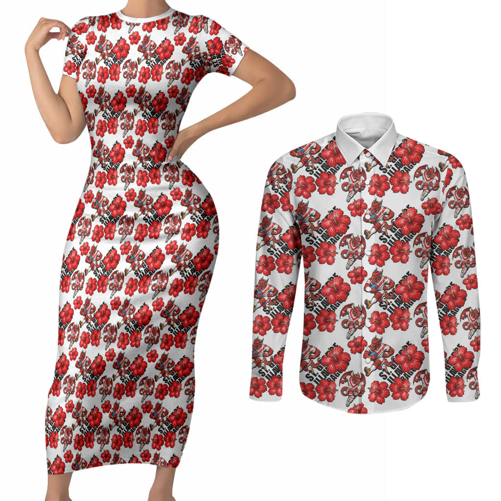 St. George Illawarra Dragons Couples Matching Short Sleeve Bodycon Dress and Long Sleeve Button Shirt Tropical Hibiscus Floral Seamless Rugby Mascot