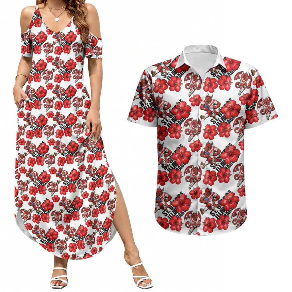 St. George Illawarra Dragons Couples Matching Summer Maxi Dress and Hawaiian Shirt Tropical Hibiscus Floral Seamless Rugby Mascot
