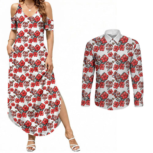St. George Illawarra Dragons Couples Matching Summer Maxi Dress and Long Sleeve Button Shirt Tropical Hibiscus Floral Seamless Rugby Mascot