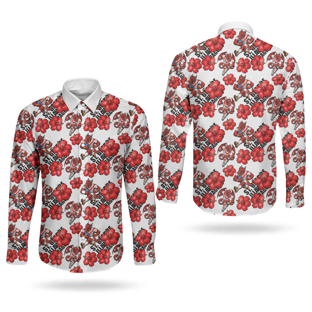 St. George Illawarra Dragons Couples Matching Summer Maxi Dress and Long Sleeve Button Shirt Tropical Hibiscus Floral Seamless Rugby Mascot