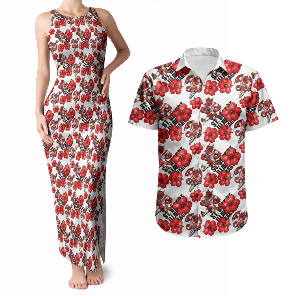 St. George Illawarra Dragons Couples Matching Tank Maxi Dress and Hawaiian Shirt Tropical Hibiscus Floral Seamless Rugby Mascot