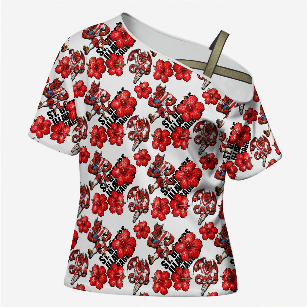 St. George Illawarra Dragons Cross Shoulder Shirt Tropical Hibiscus Floral Seamless Rugby Mascot