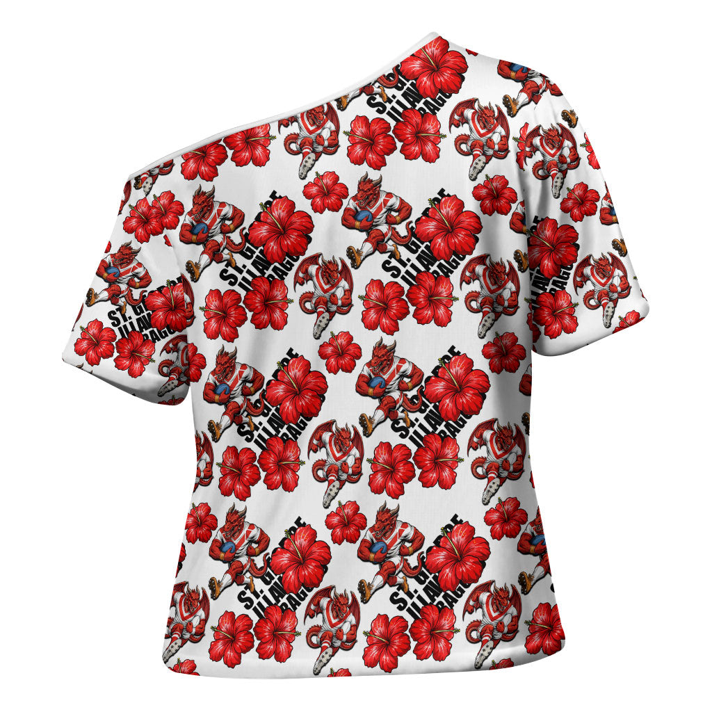 St. George Illawarra Dragons Cross Shoulder Shirt Tropical Hibiscus Floral Seamless Rugby Mascot