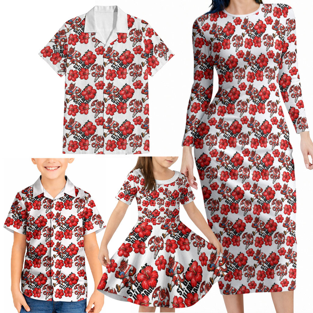 St. George Illawarra Dragons Family Matching Long Sleeve Bodycon Dress and Hawaiian Shirt Tropical Hibiscus Floral Seamless Rugby Mascot
