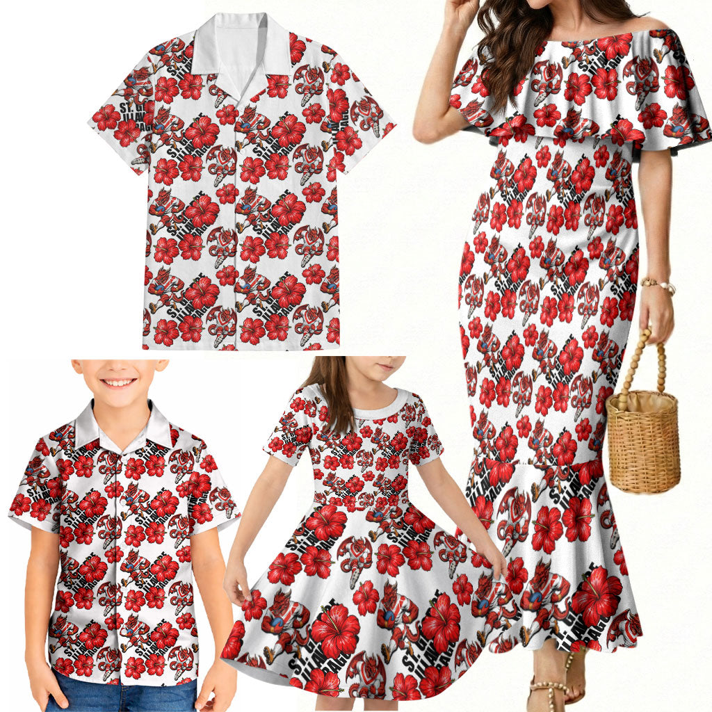 St. George Illawarra Dragons Family Matching Mermaid Dress and Hawaiian Shirt Tropical Hibiscus Floral Seamless Rugby Mascot
