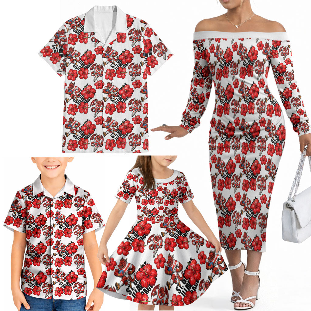 St. George Illawarra Dragons Family Matching Off The Shoulder Long Sleeve Dress and Hawaiian Shirt Tropical Hibiscus Floral Seamless Rugby Mascot