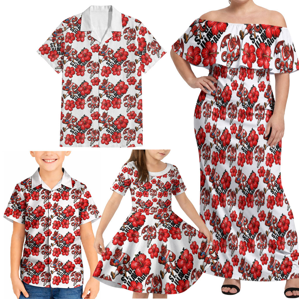 St. George Illawarra Dragons Family Matching Off Shoulder Maxi Dress and Hawaiian Shirt Tropical Hibiscus Floral Seamless Rugby Mascot