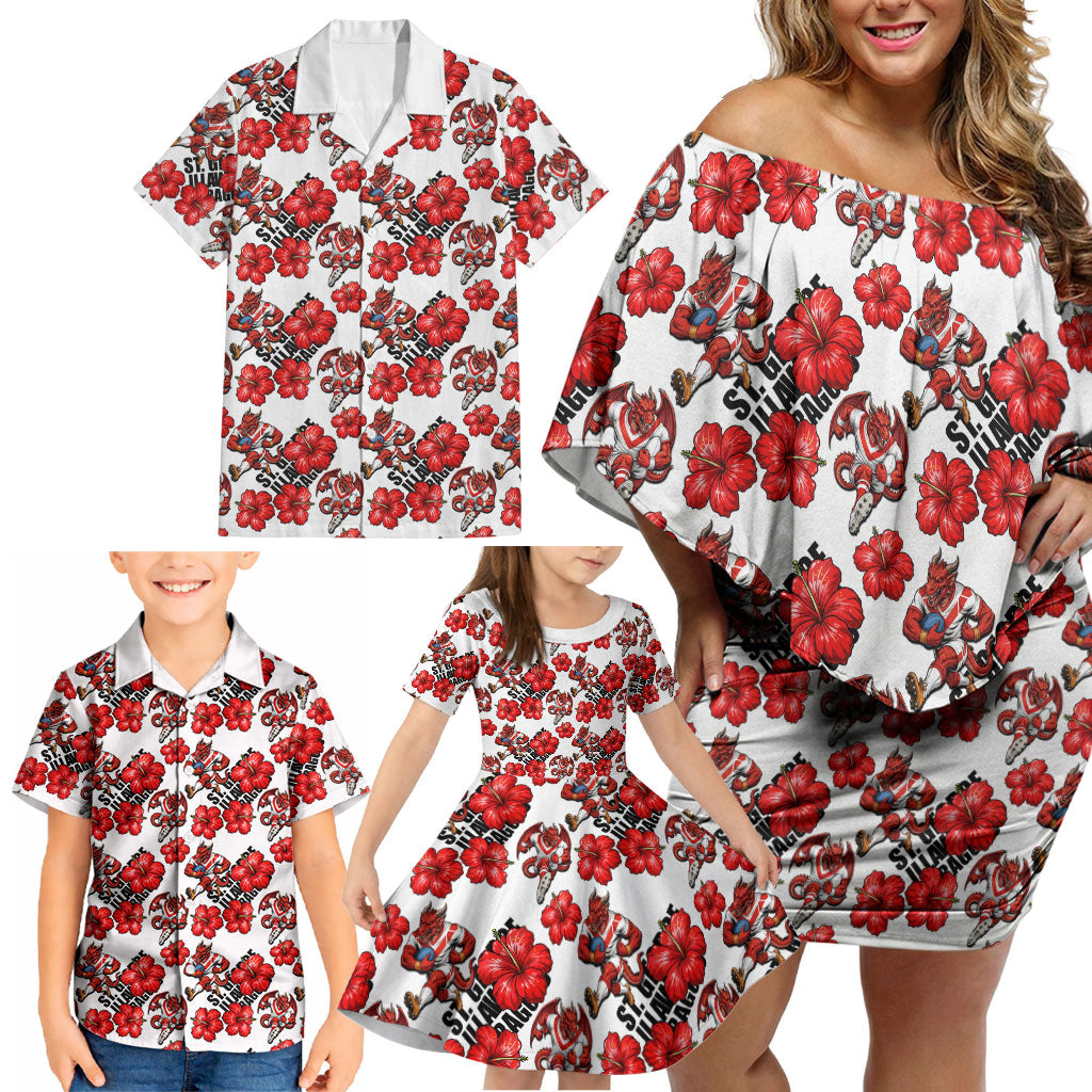 St. George Illawarra Dragons Family Matching Off Shoulder Short Dress and Hawaiian Shirt Tropical Hibiscus Floral Seamless Rugby Mascot